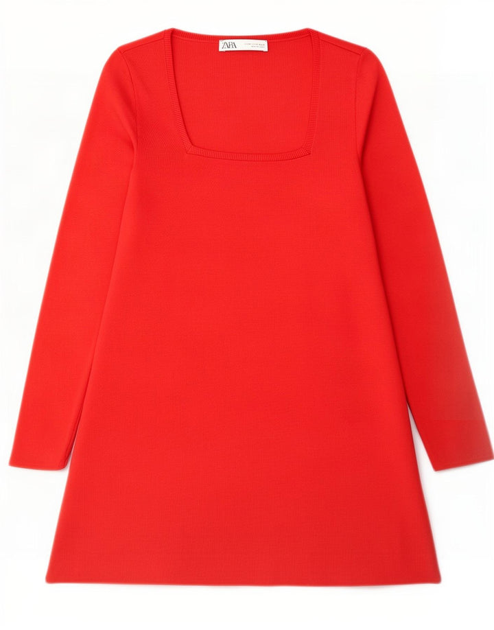Abito a trapezio a maniche lunghe da donna Zara UK 14 Poliestere rosso medio