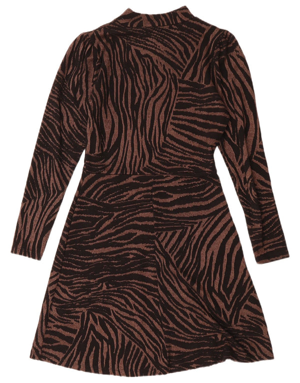 WAREHOUSE Abito maglione a maniche lunghe da donna UK 10 Piccola stampa animalier marrone