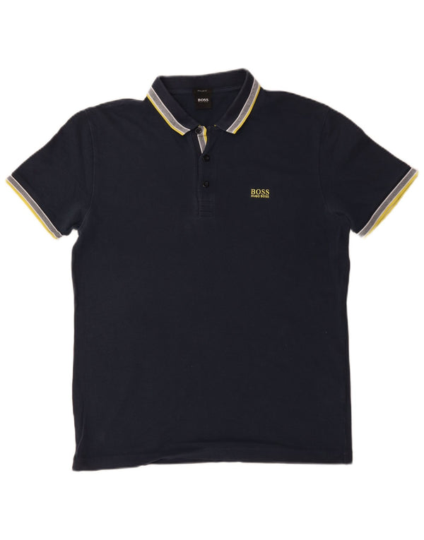 Polo da uomo Hugo Boss grande in cotone a righe blu navy