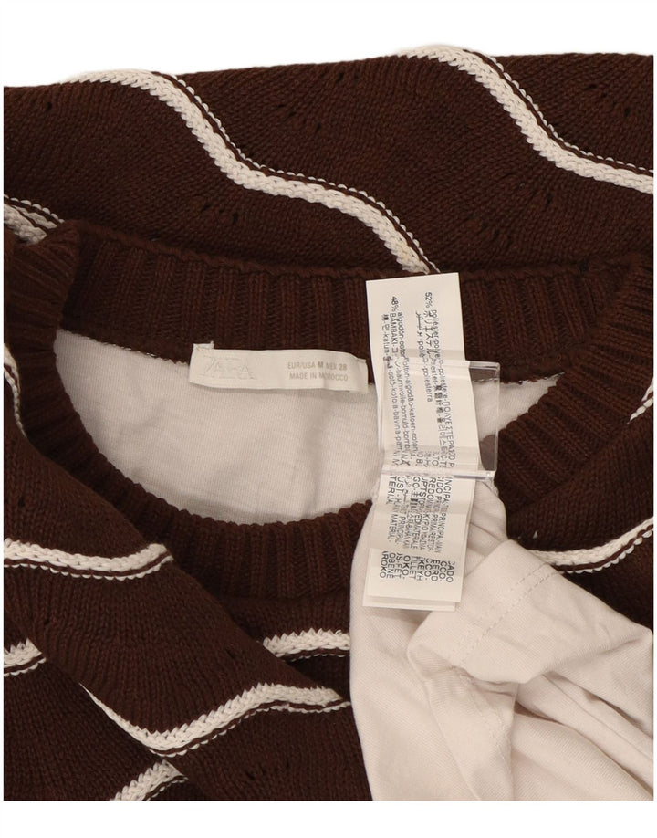 ZARA Maglione Girocollo da Donna UK 14 Marrone Medio a Righe