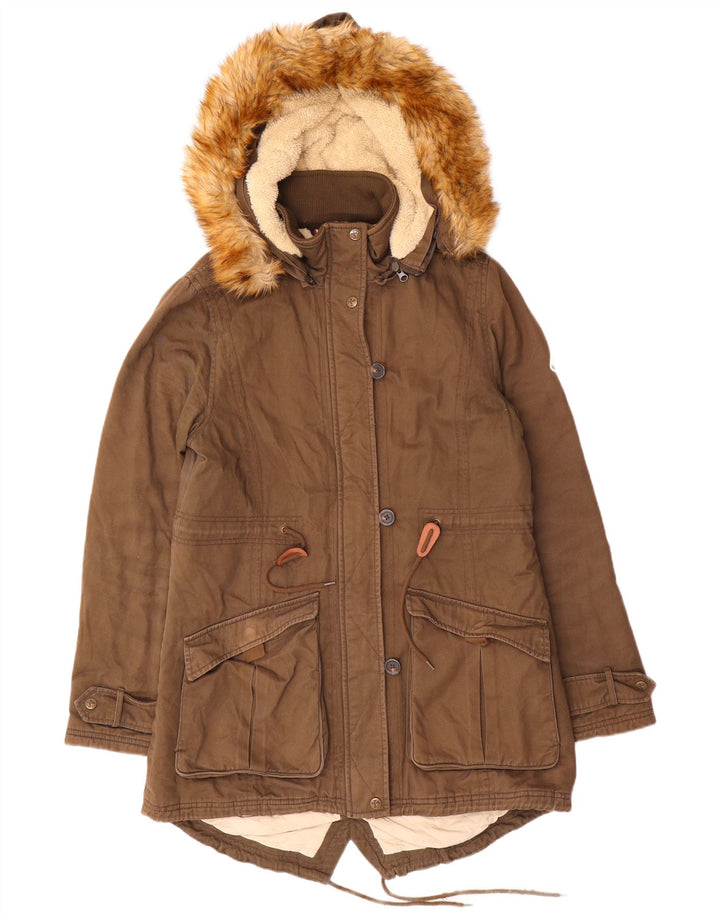 Giacca Parka con cappuccio da donna Puffa UK 14 grande cotone marrone