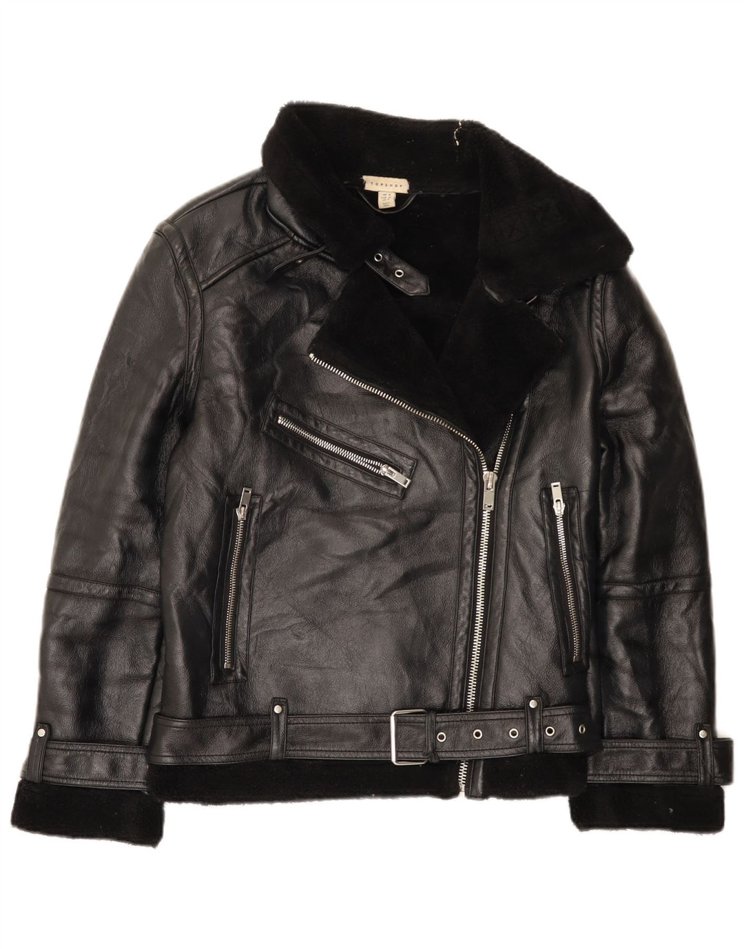Topshop Giacca da motociclista Sherpa oversize da donna UK 10 Piccola in poliuretano nero