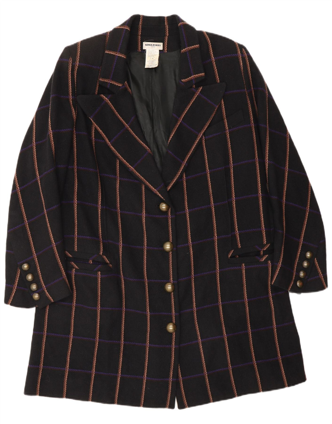 SONIA RYKIEL Giacca blazer a 4 bottoni lunga da donna EU 44 XL Nero a quadri