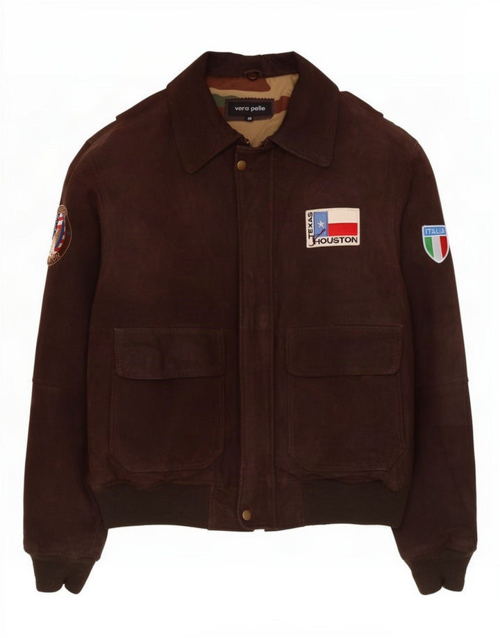 Giacca in pelle grafica da uomo vintage IT 48 Marrone medio