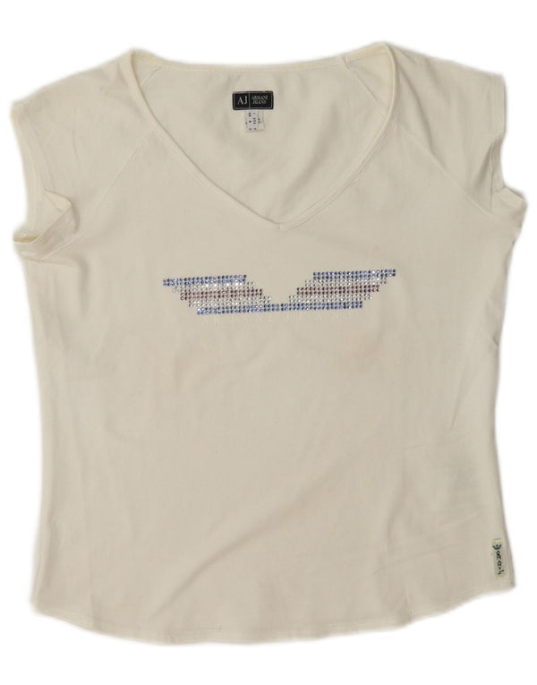 T-shirt grafica corta da donna Armani Jeans Top UK 10 piccola in cotone bianco