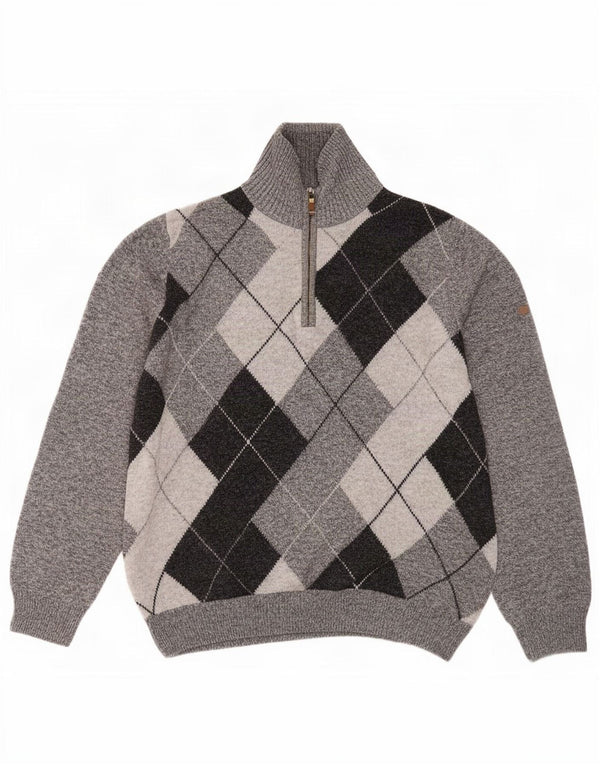 Maglione da uomo Navigare con zip e collo, grande, in lana merino grigia a rombi/diamante