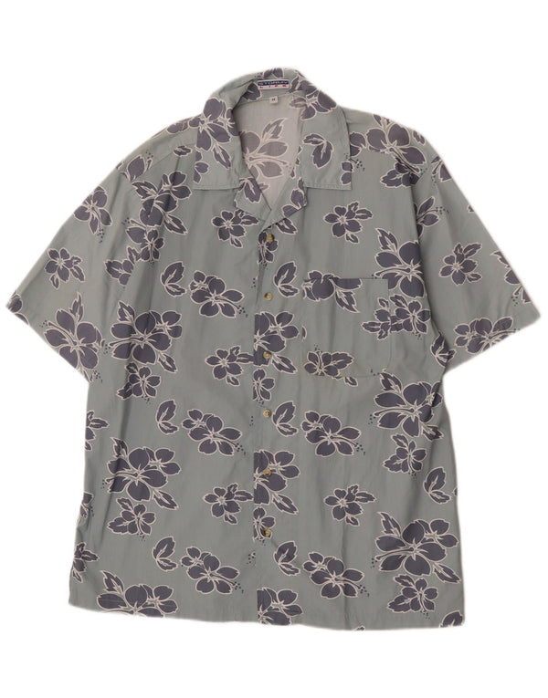 Vintage Mens Short Sleeve Shirt Medium Blue Floral Cotton
