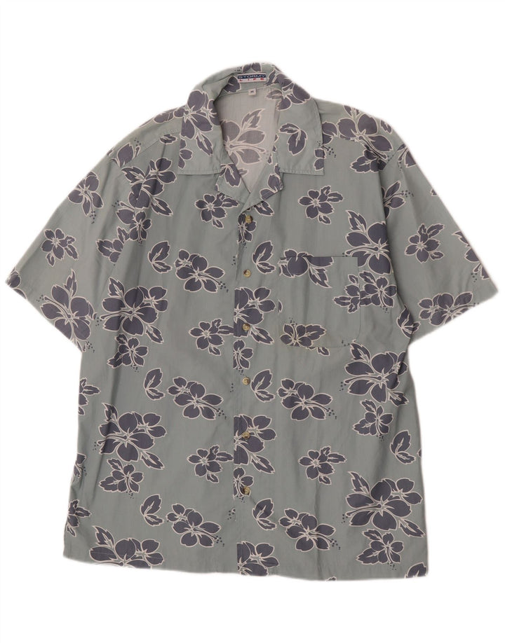 Camicia vintage da uomo a maniche corte in cotone floreale blu medio