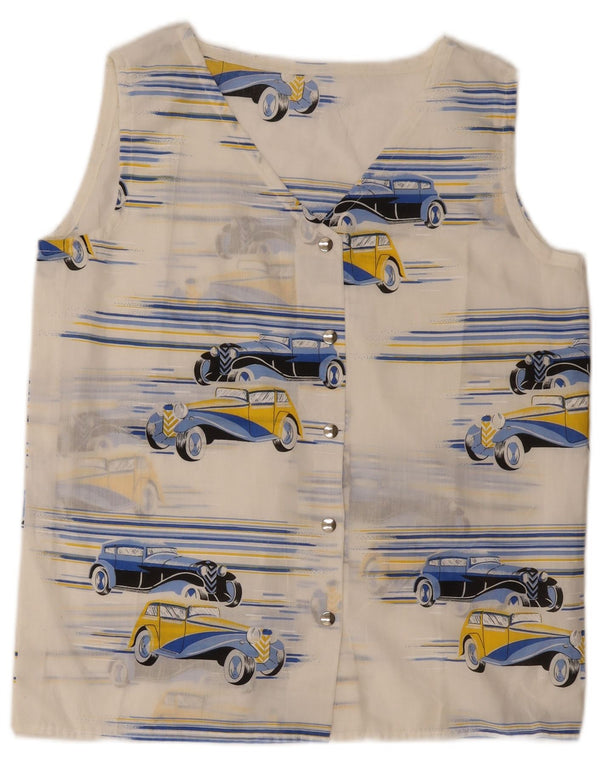 Camicetta senza maniche da donna vintage con motivo astratto UK 14 grande bianca