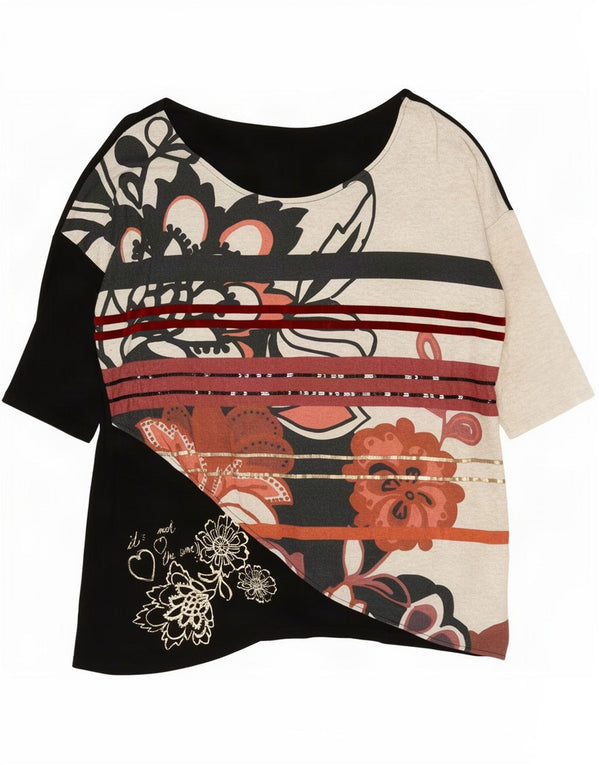 Desigual Womens Graphic Top manica 3/4 UK 14 Medium Black Colourblock