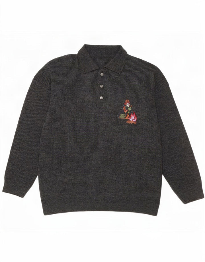 Maglione vintage da uomo con collo a polo grafico grande grigio