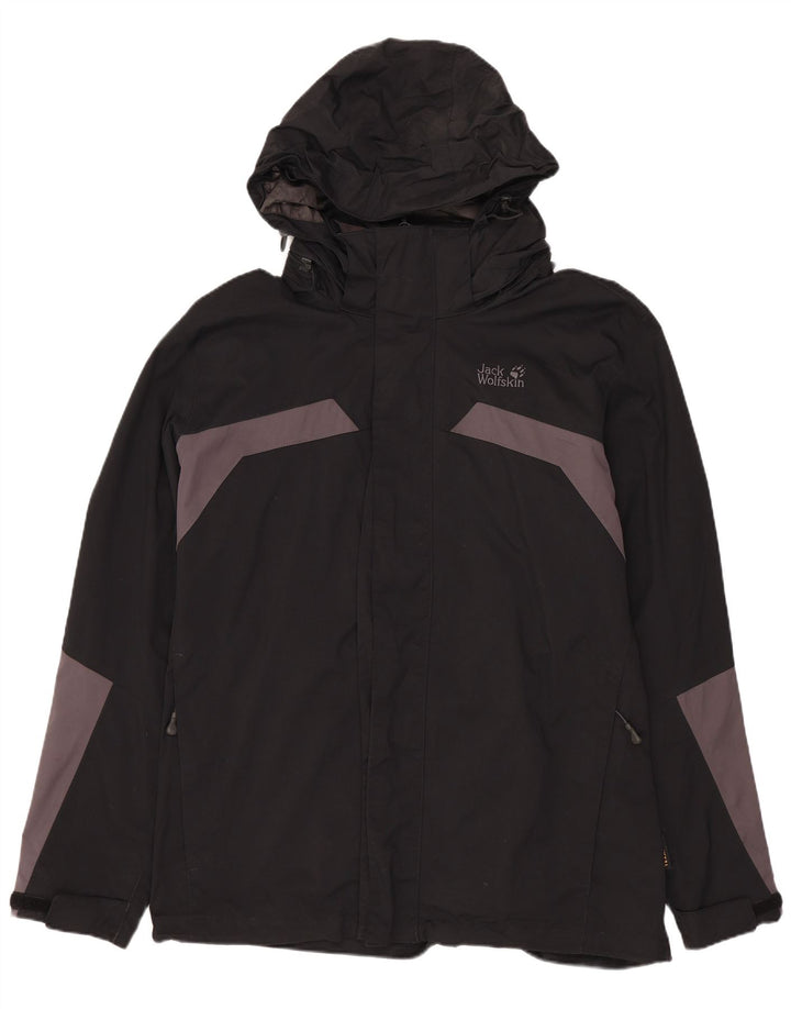 JACK WOLFSKIN Giacca antipioggia da uomo con cappuccio UK 36/38 Medium Nero Colourblock