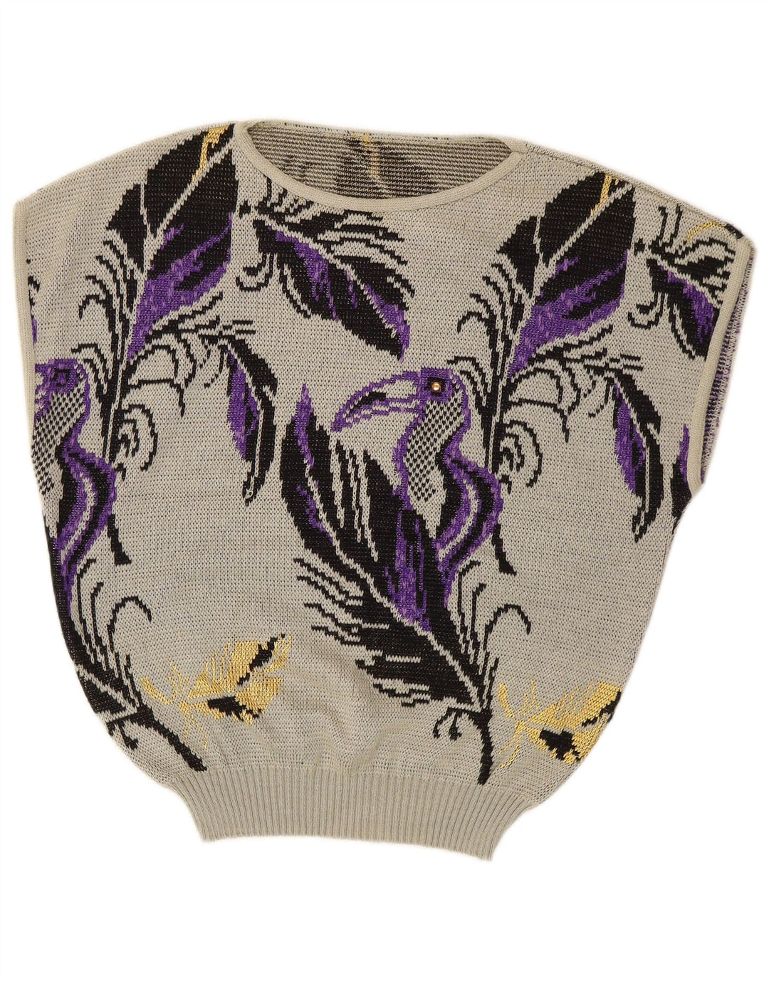 Maglione da donna VINTAGE senza maniche con scollo a barca UK 14 Grande floreale grigio