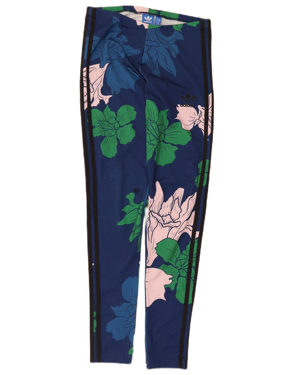 Adidas Womens Leggings UK 10 Small Navy Blue Floral Polyester