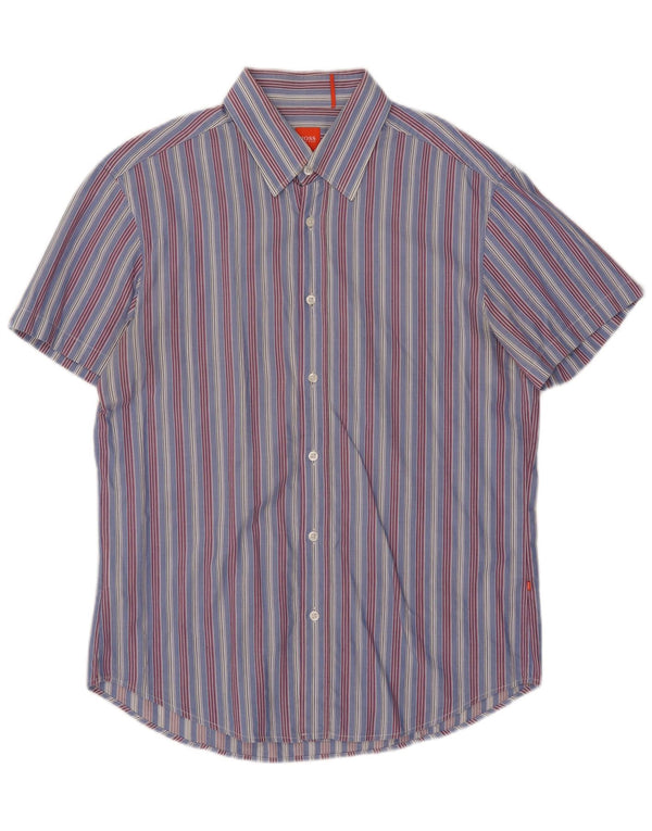 Camicia a maniche corte da uomo Hugo Boss XL in cotone a righe blu