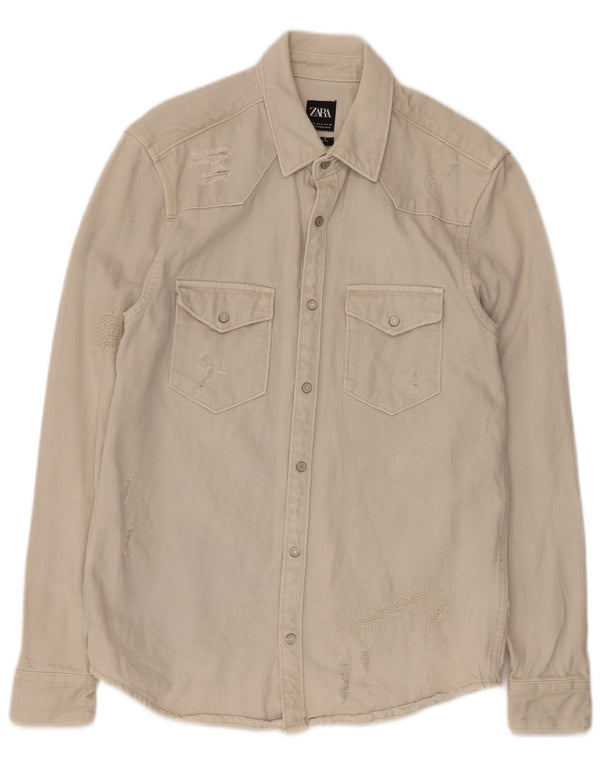 Zara Womens Relaxed Fit Denim Shirt Small Beige Cotton