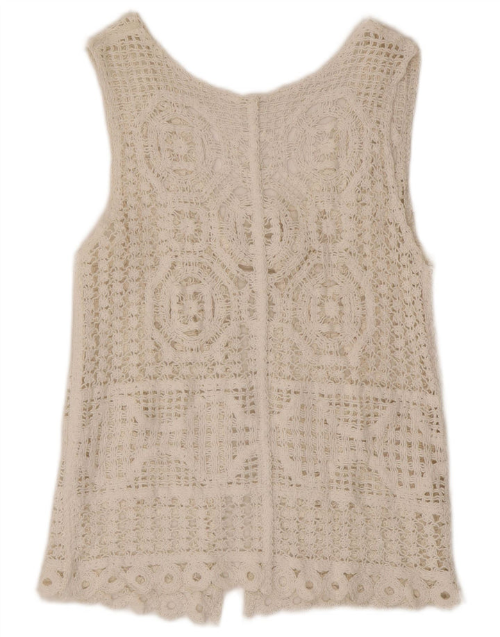 Top cardigan all'uncinetto senza maniche da donna vintage UK 14 bianco medio