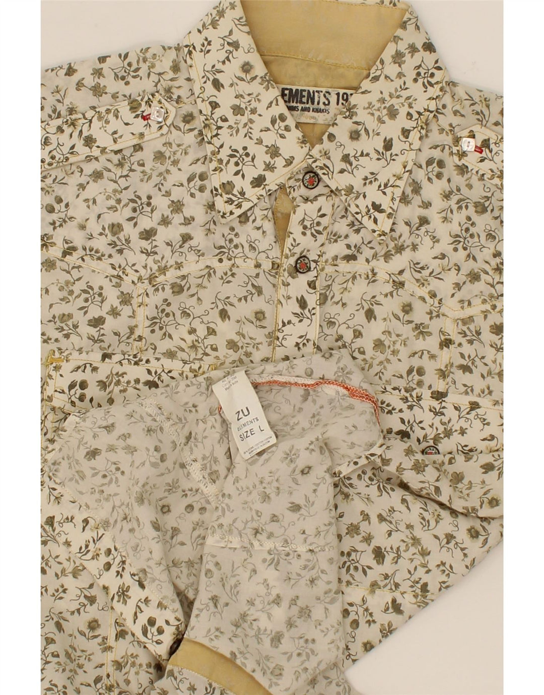 ZU ELEMENTS Mens Short Sleeve Shirt Large Off White Floral Cotton Vintage Zu Elements and Second-Hand Zu Elements from Messina Hembry 