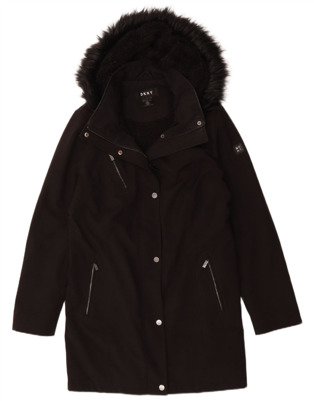 Soprabito Sherpa con cappuccio da donna Dkny UK 16 grande poliestere nero