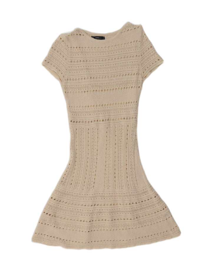 Abito maglione trasparente da donna a maniche corte Zara UK 12 medio bianco sporco