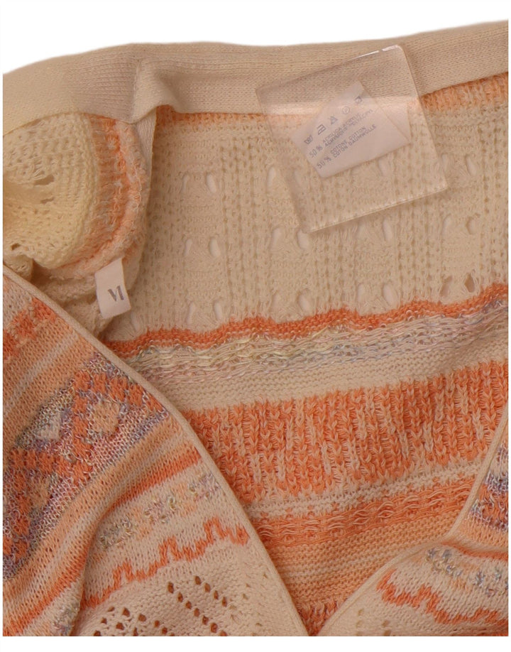Maglione cardigan senza maniche da donna VINTAGE UK 14 Medio Bianco geometrico