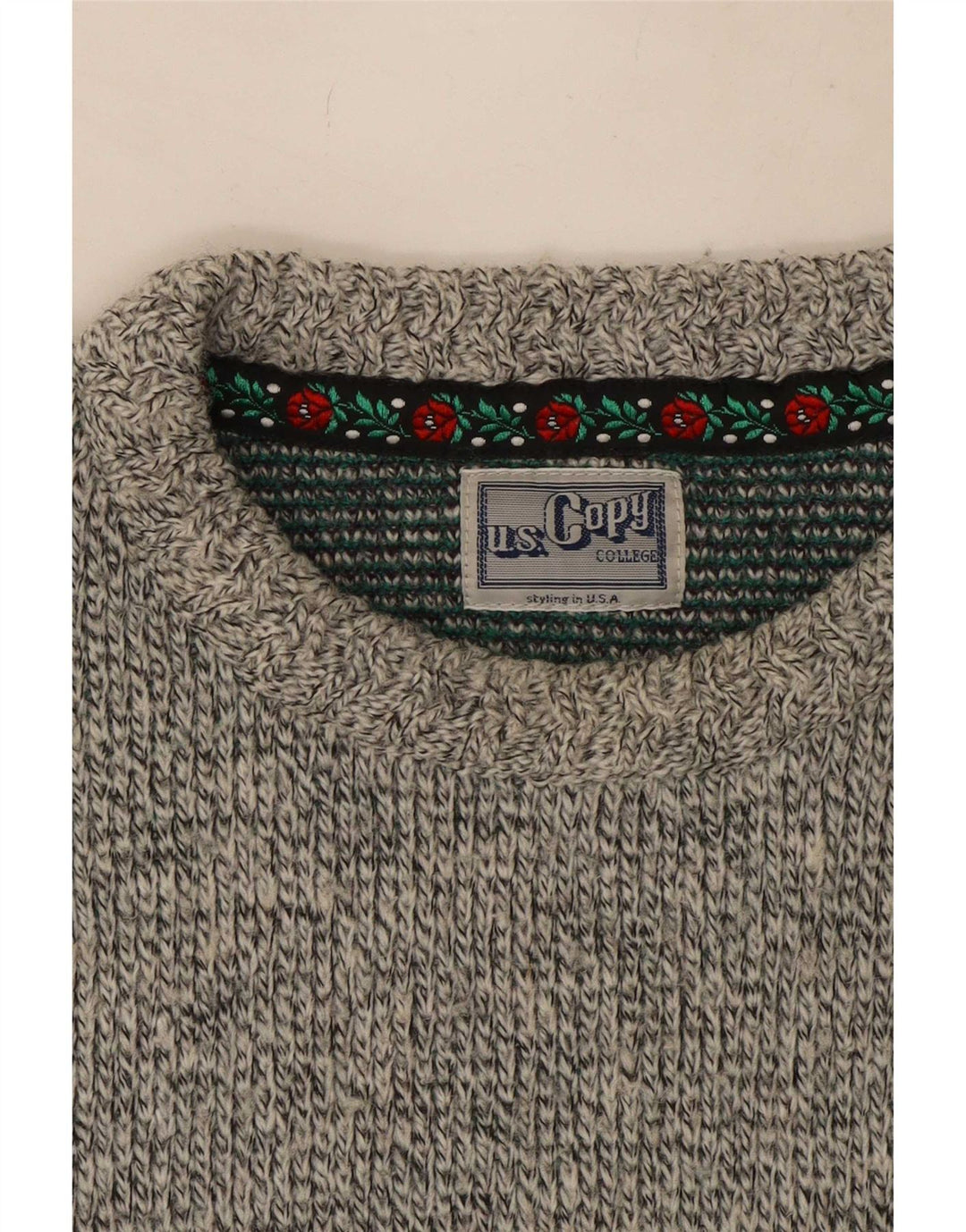 Maglione girocollo da uomo vintage in lana Fair Isle grigia grande