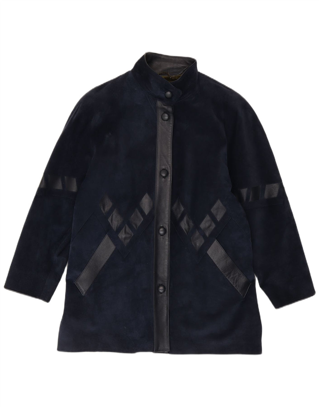 Soprabito vintage in pelle scamosciata oversize da donna UK 14 medio blu navy geometrico
