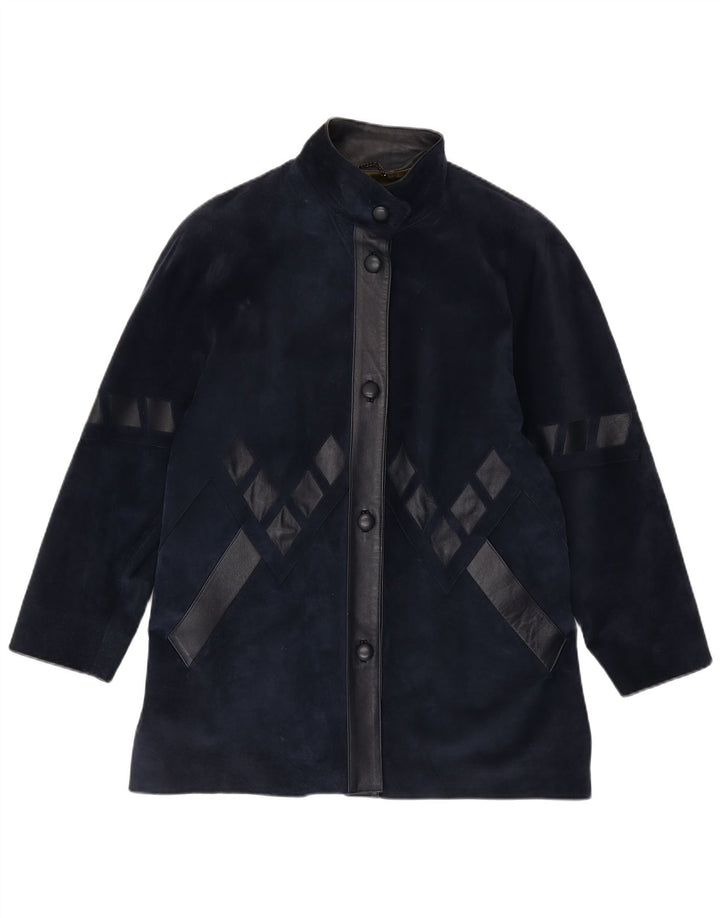 Soprabito vintage in pelle scamosciata oversize da donna UK 14 medio blu navy geometrico
