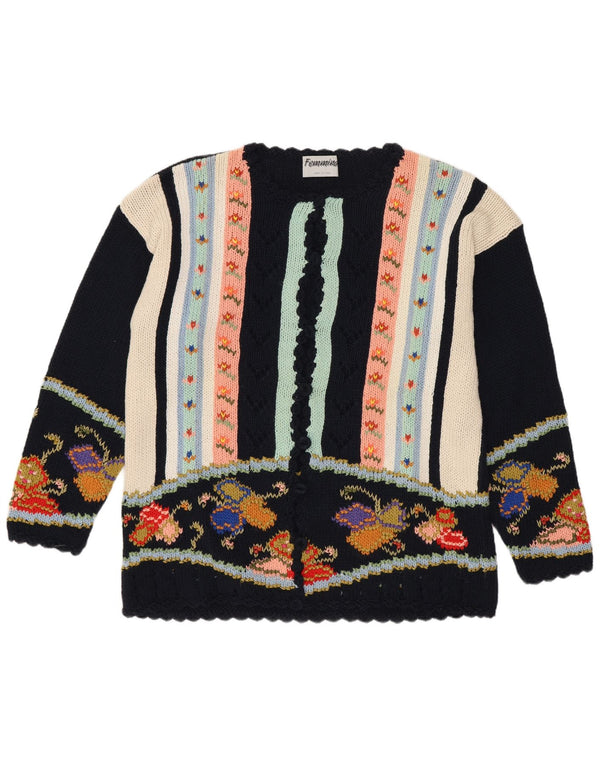 Maglione cardigan da donna vintage UK 14 cotone floreale medio blu navy