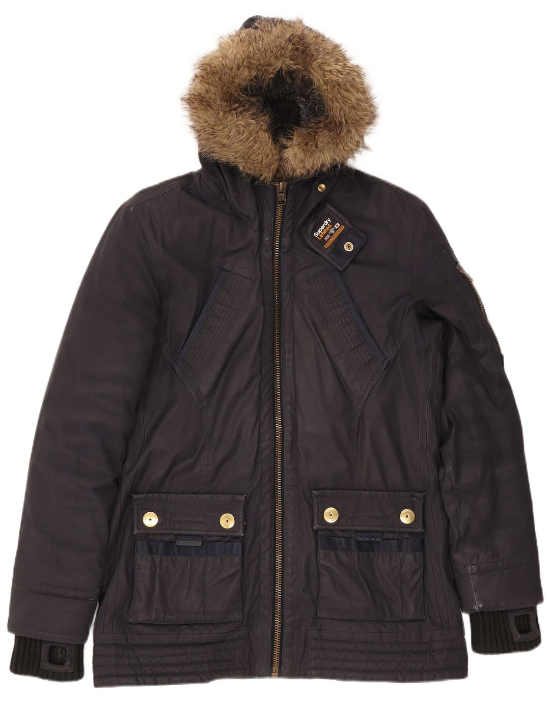 Giacca parka da donna con cappuccio SUPERDRY UK 16 grande cotone blu navy