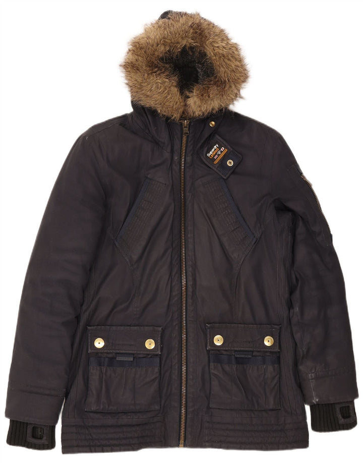 Giacca parka da donna con cappuccio SUPERDRY UK 16 grande cotone blu navy
