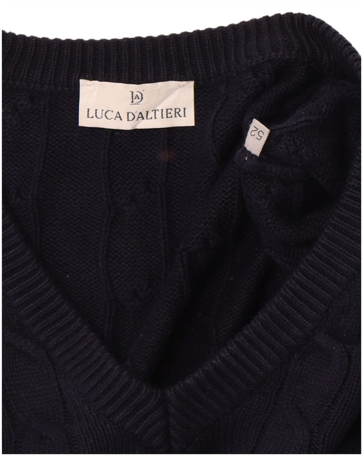 LUCA D'ALTIERI Mens V-Neck Jumper Sweater IT 52 Large Navy Blue