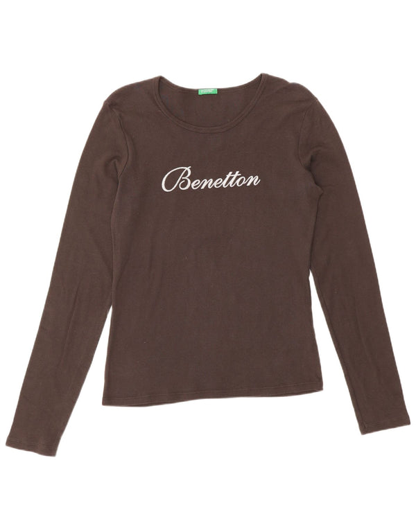Top grafico da donna Benetton manica lunga UK 12 grande cotone marrone
