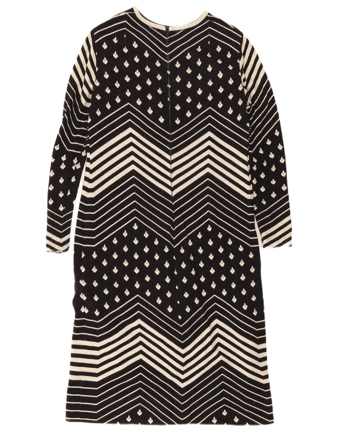 Abito a trapezio a maniche lunghe da donna vintage UK 12 medio nero geometrico