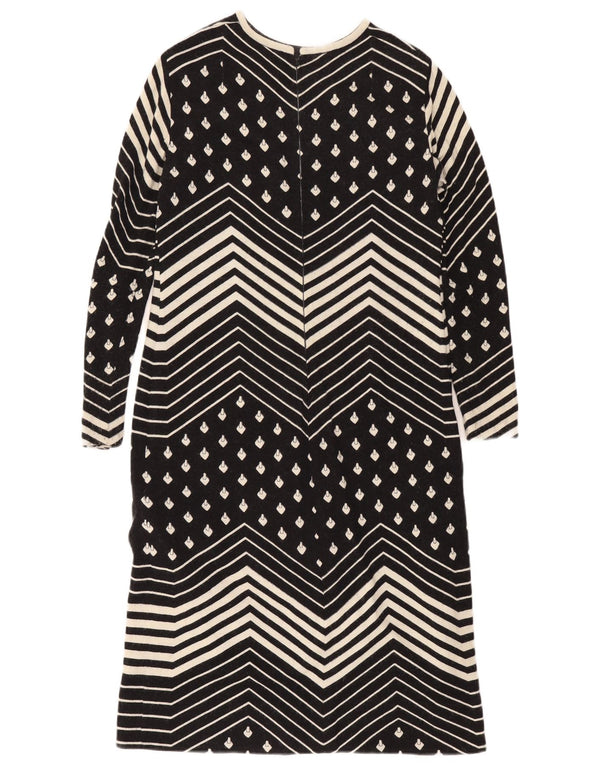 Abito a trapezio a maniche lunghe da donna vintage UK 12 medio nero geometrico