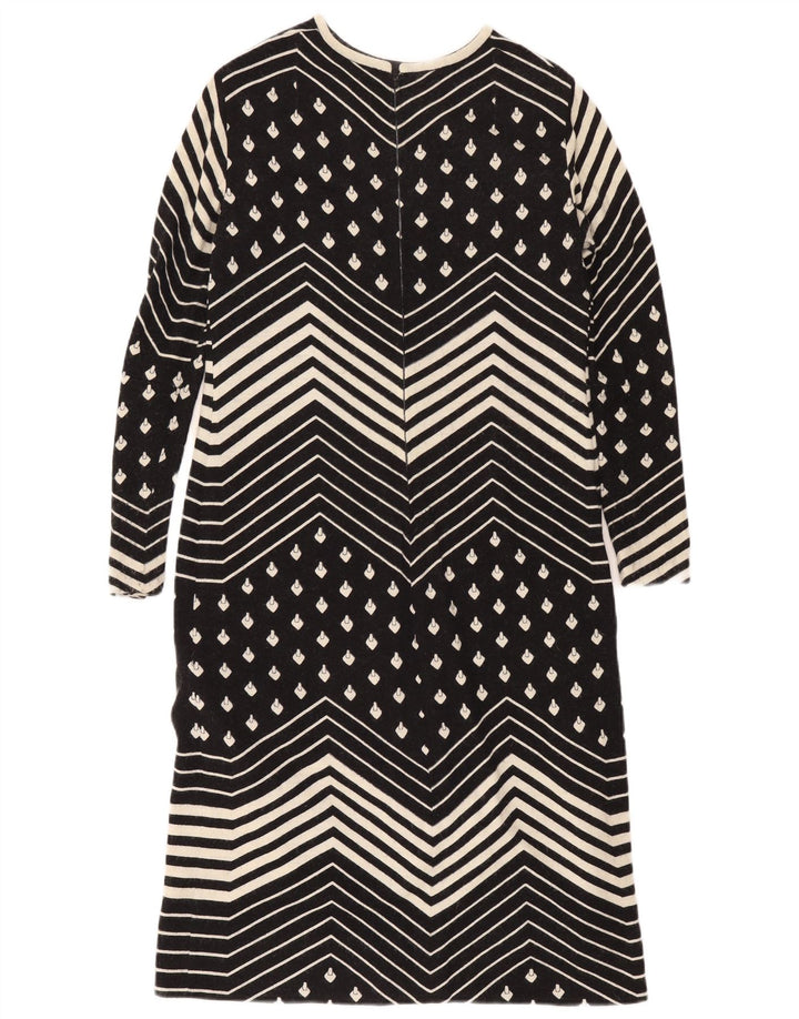 Abito a trapezio a maniche lunghe da donna vintage UK 12 medio nero geometrico
