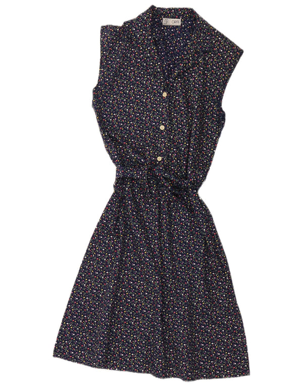 Abito vintage da donna senza maniche a trapezio UK 12 medio blu navy floreale