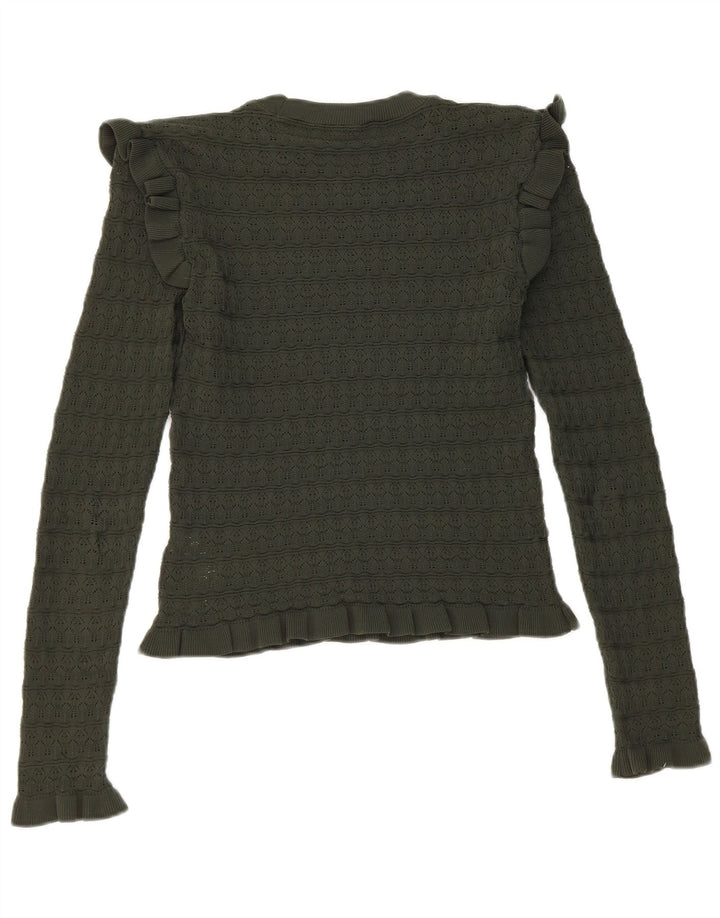 Zara Donna Top corto con volant sul davanti manica lunga UK 8 Small Poliestere kaki