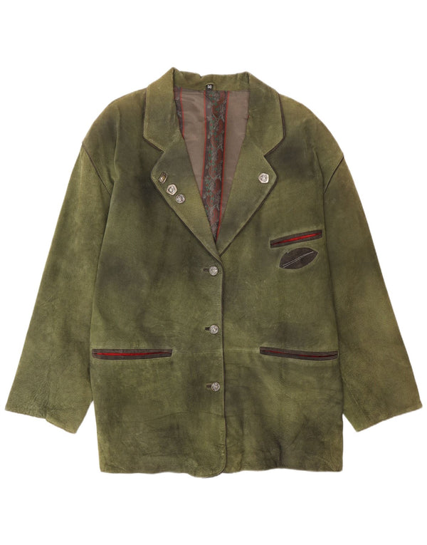 Giacca blazer vintage in pelle scamosciata a 3 bottoni da donna EU 50 3XL in pelle verde