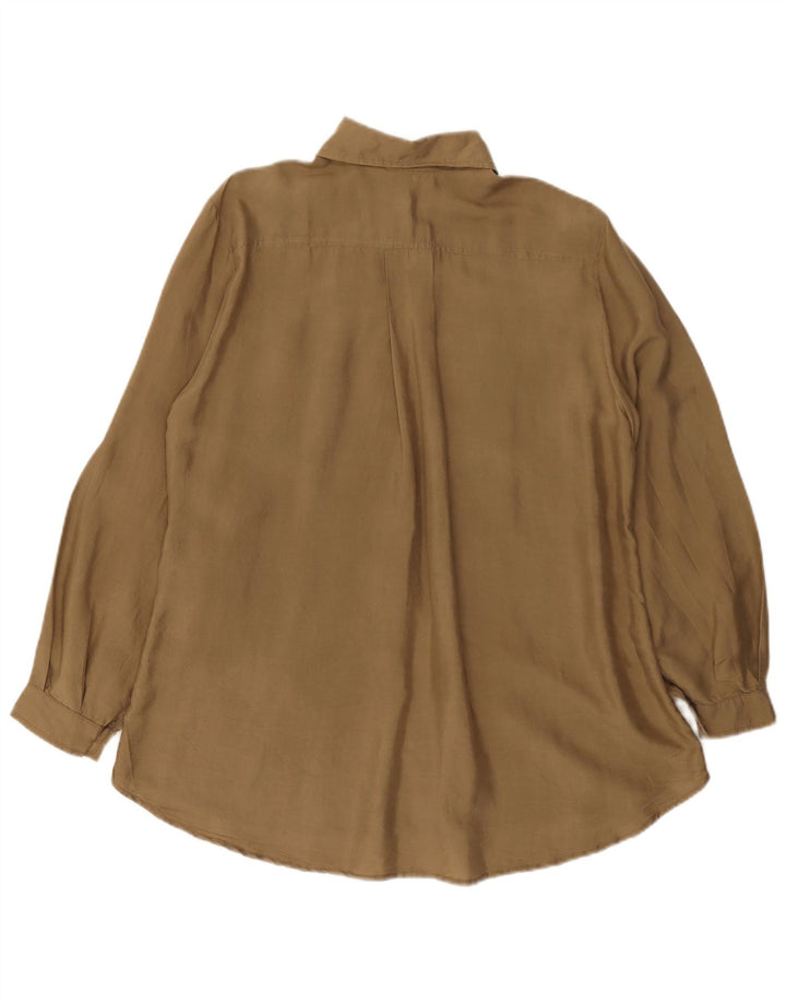Camicetta camicia vintage da donna UK 12 seta marrone medio