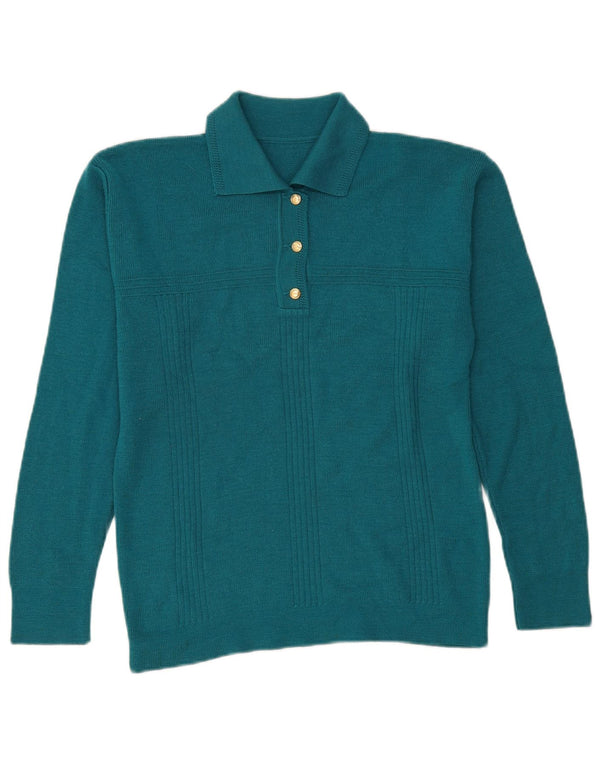 Maglione vintage da donna con collo a polo UK 14 Blu medio