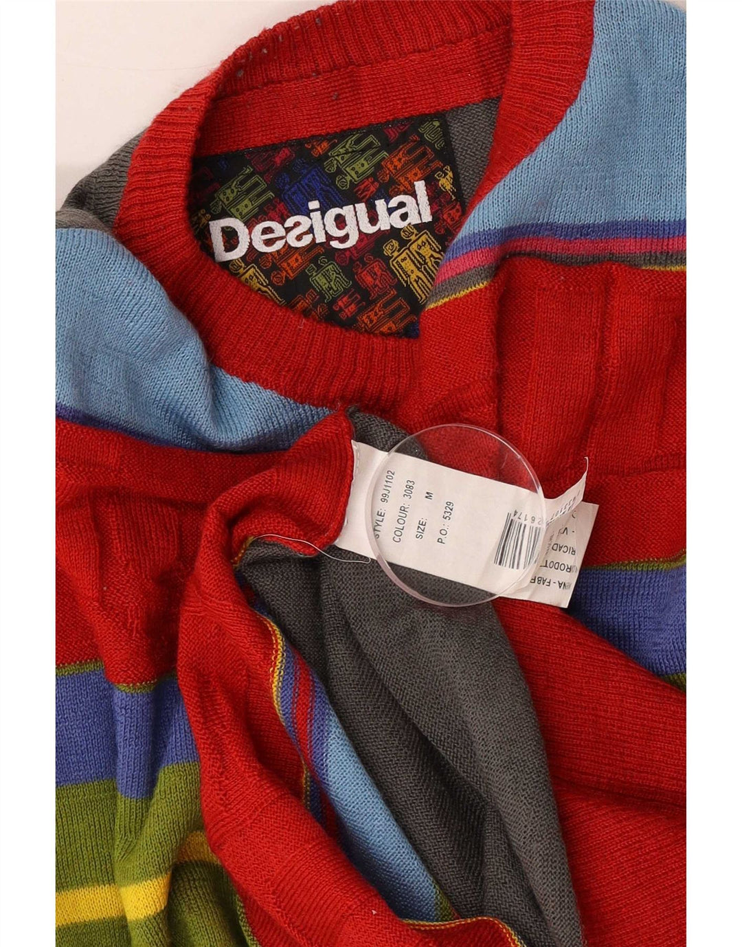 Desigual Maglione da uomo con grafica girocollo a righe medie multicolore