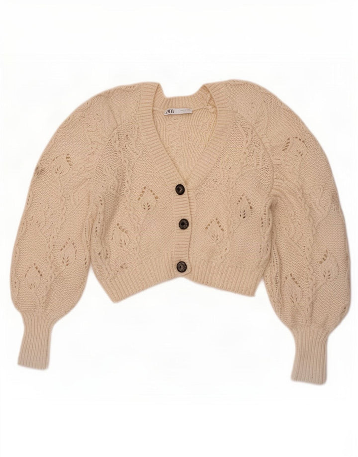 Maglione cardigan corto da donna Zara UK 10 piccolo poliestere bianco sporco