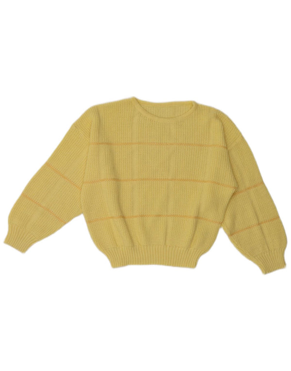 Maglione maglione girocollo da donna vintage UK 12 Acrilico a strisce gialle medie