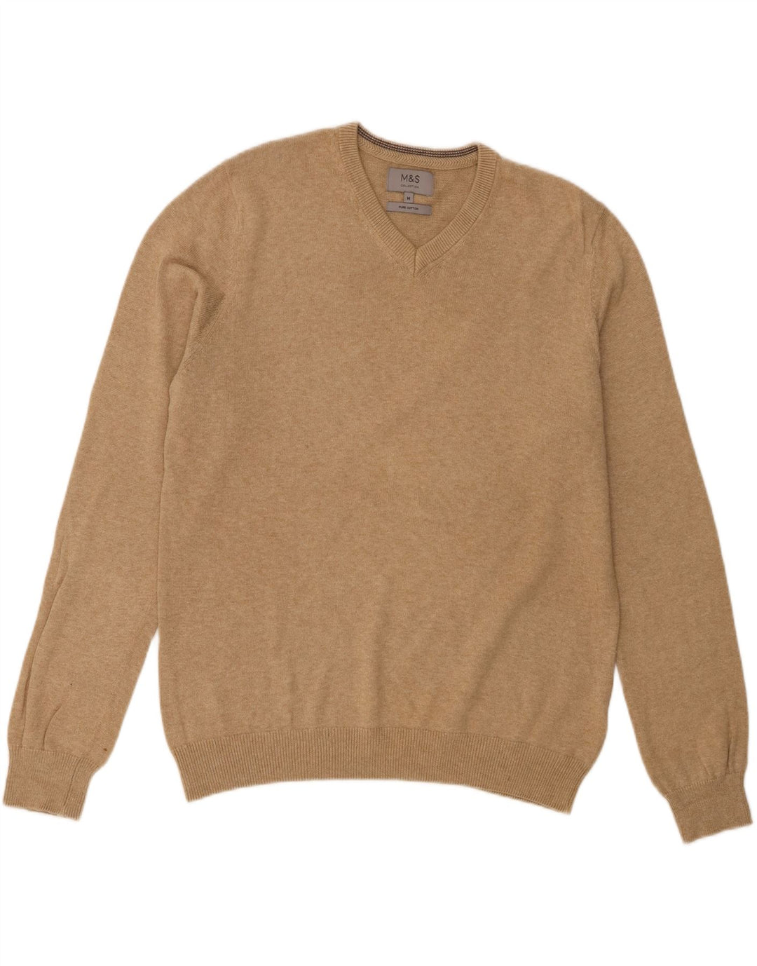 Maglione da uomo con scollo a V Marks & Spencer in cotone screziato beige medio