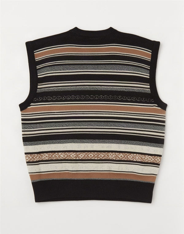 Maglione cardigan senza maniche vintage da uomo IT 52 grande a righe nere