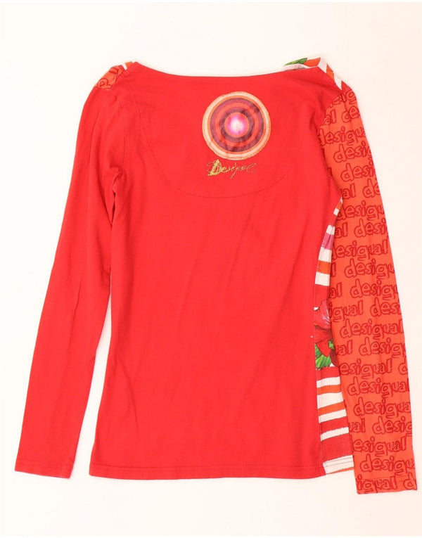 Desigual Donna Graphic Top Manica Lunga UK 10 Piccolo Rosso Floreale Cotone