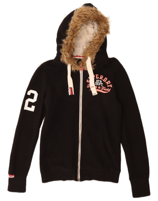 Maglione con cappuccio e zip grafica da donna Superdry UK 10 piccolo cotone nero
