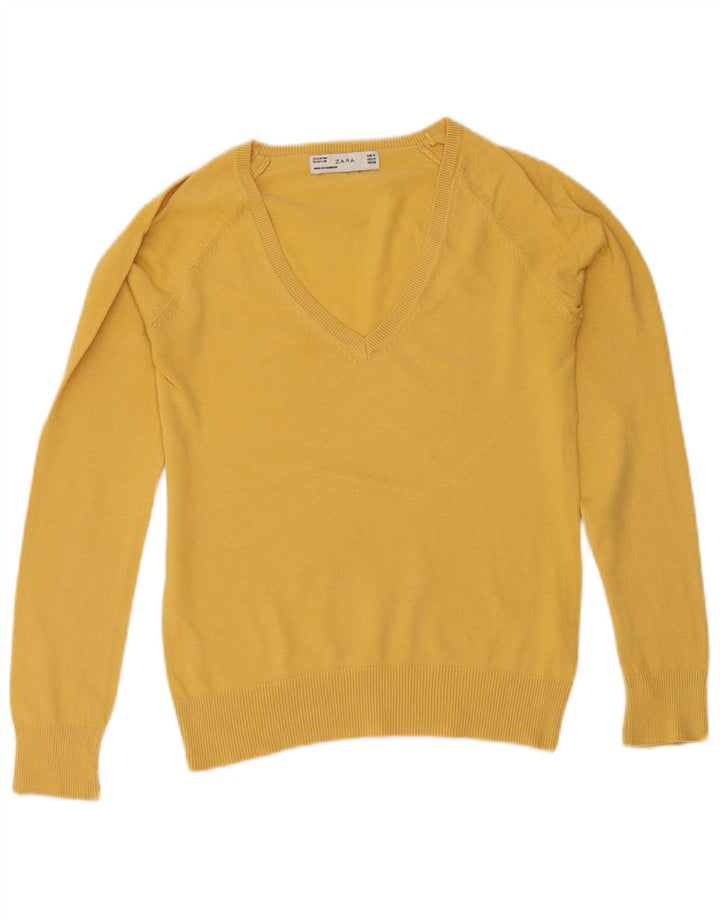 Maglione maglione con scollo a V da donna Zara UK 12 cotone giallo medio