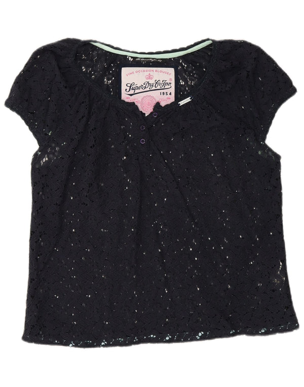 Camicetta da donna in pizzo trasparente Superdry Top UK 16 grande cotone blu navy